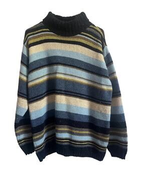 St. John’s Bay Large Striped Turtleneck Sweater Wool Blend Blue Black USA VTG